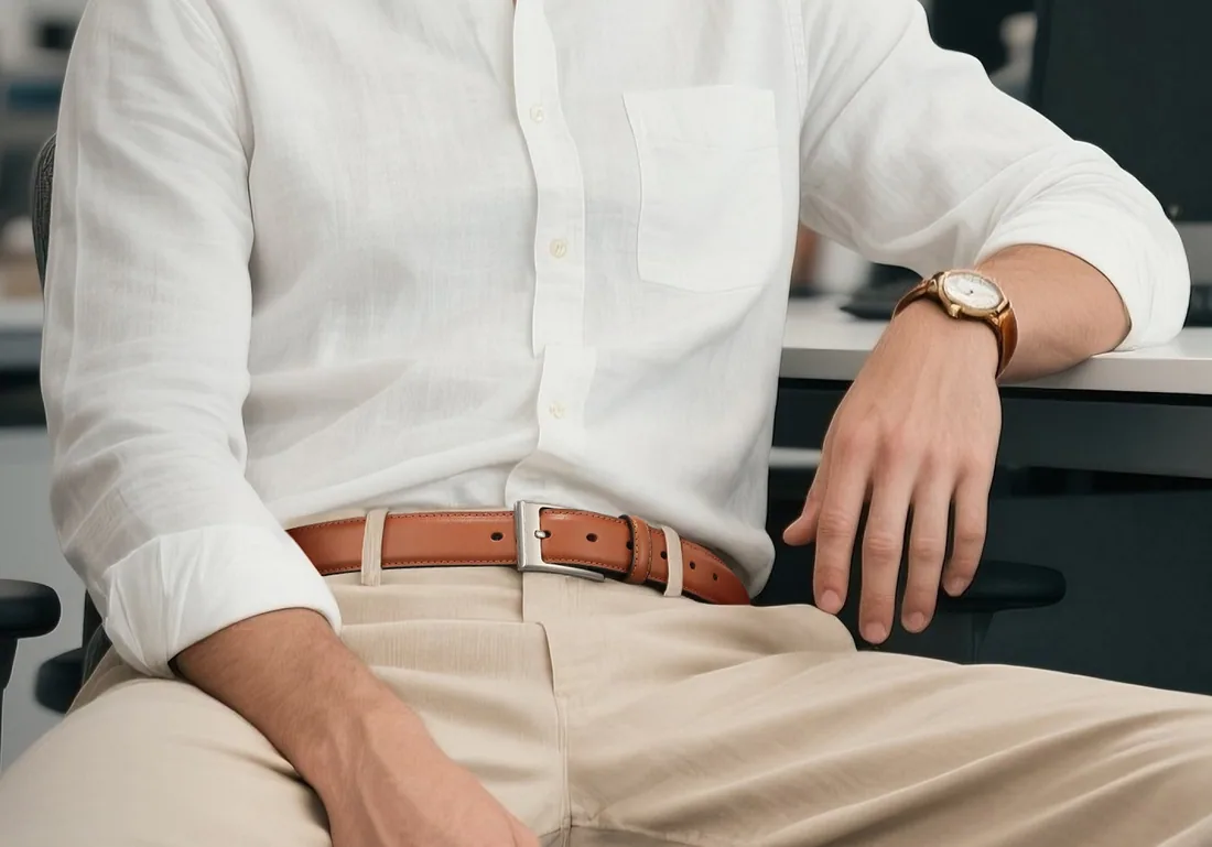 A CHAOREN belt worn with a linen shirt