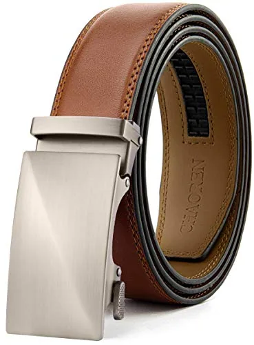 Leather Ratchet Belt, 35 mm (Brown, 36″ to 42″ waist, brushed buckle)