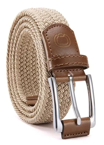 Elastic Stretch Belt (Khaki, 30″ to 34″ waist, silver buckle)